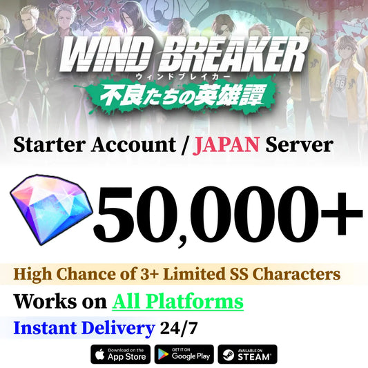 Wind Breaker Reroll Account – 50,000+ Gems & 3-8 SS+ Characters [JP Server]
